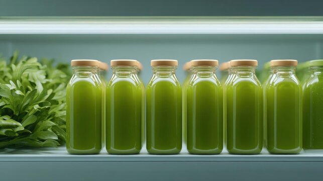 Row of six glass bottles with wooden lids lined up on a white shelf. the bottles are filled with a green liquid, which appears to be a smoothie or juice.