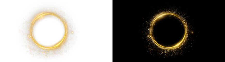 PNG image of Glowing Gold Ring on Black and transparent background. Magic sparkle circle, abstract glitter frame, and shining light dust. © rehena