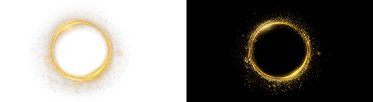PNG image of Glowing Gold Ring on Black and transparent background. Magic sparkle circle, abstract glitter frame, and shining light dust.