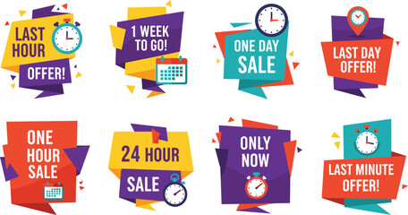 Naklejka premium Modern flat vector set of colorful sale banners featuring countdown timers clocks and calendars for last hour offers one day sales and limited time promotions.