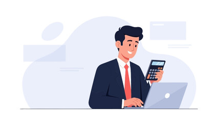Businessman calculating finances on laptop with calculator, modern office illustration