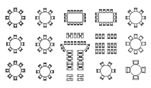 Table Seating Arrangement Event Icons Set Isolated on White Background Vector