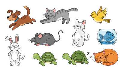 Fototapeta premium Funny Pet Animals Cartoon Vector Set – Dog, Cat, Bird, Fish, Rabbit, Turtle