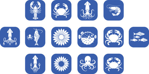 Sea creature and flower icon set featuring lobster crab squid shrimp octopus and puffer fish silhouettes on blue rounded square backgrounds © MDFiroj