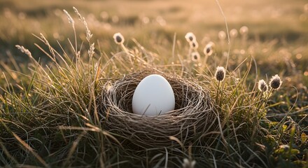 Single White Egg in Natural Bird Nest Among Grass at Golden Hour Sunset
