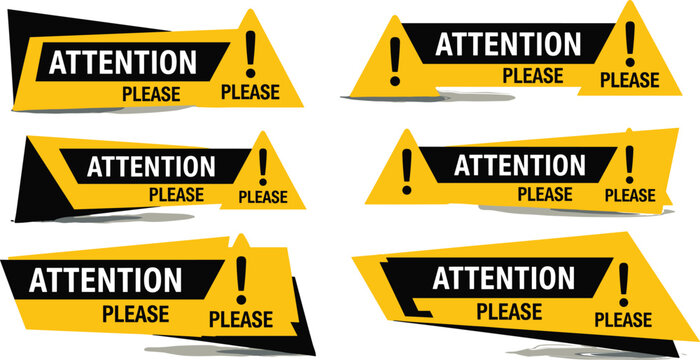 Set of bold yellow and black attention please warning banners with exclamation marks for important announcements website alerts and safety notification designs.