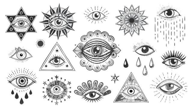 Black and white illustration featuring various eye designs geometric shapes and mystical symbols
