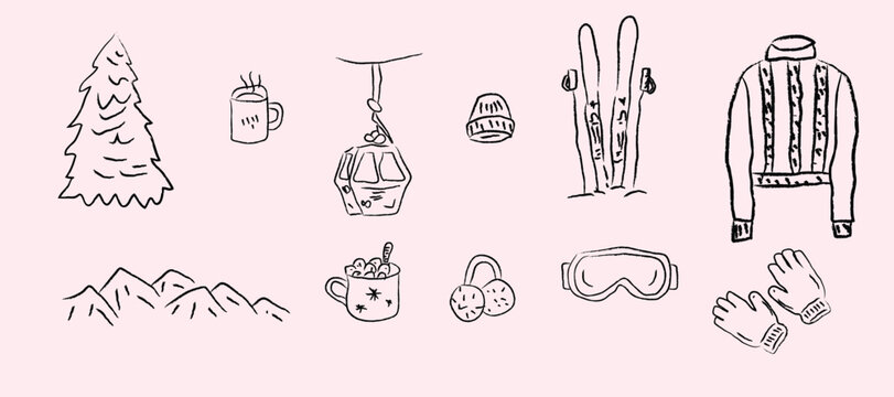 Hand drawn winter ski and apres ski illustration set.