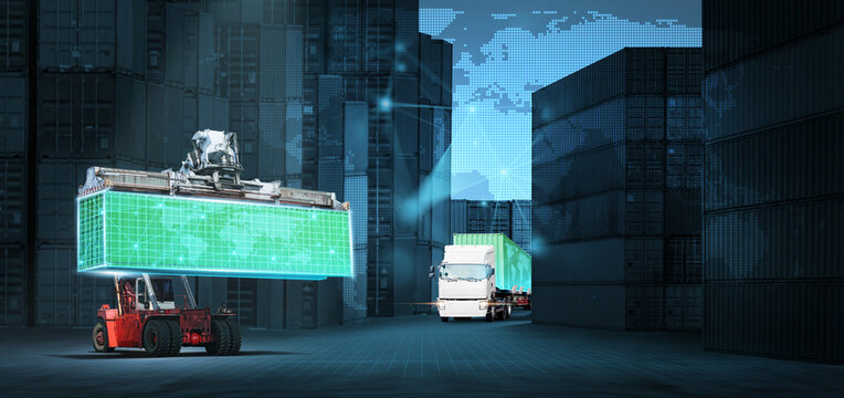 Smart logistics and digital transformation in supply chain network with forklift, container and cargo truck for global freight delivery and warehouse storage technology.