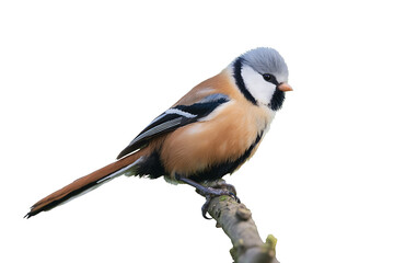 Fototapeta premium Bearded Tit Bird Perched on Branch Isolated on White Backdrop