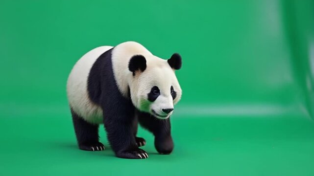 Adorable panda bear standing on green background looking around curiously
