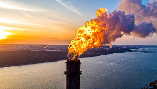 Flaring at sunrise industrial chimney with burning gas and smoke environmental impact concept energy production background.
