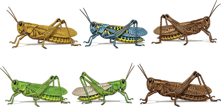 Collection of detailed grasshopper and locust insect vector illustrations in various colors and poses isolated on white background for nature and biology design.