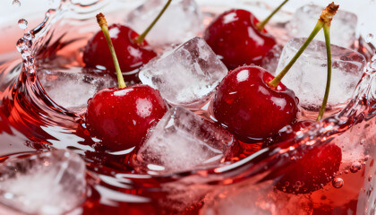 Vibrant red cherries and glistening ice cubes plunge into refreshing crimson liquid, creating dynamic splashes?a cool, sweet, and irresistible beverage