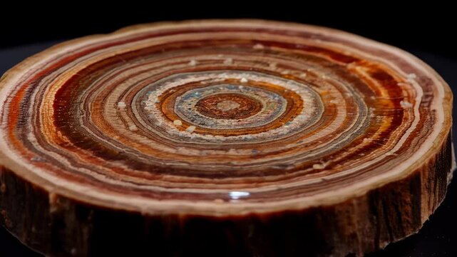 Rotating petrified wood log slice showcasing intricate rings in detailed closeup
