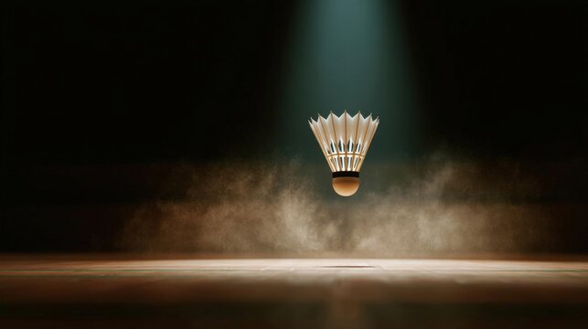 Badminton shuttlecock in the center of a dark room. the shuttlecock is made up of multiple white feathers that are arranged in a fan-like pattern.