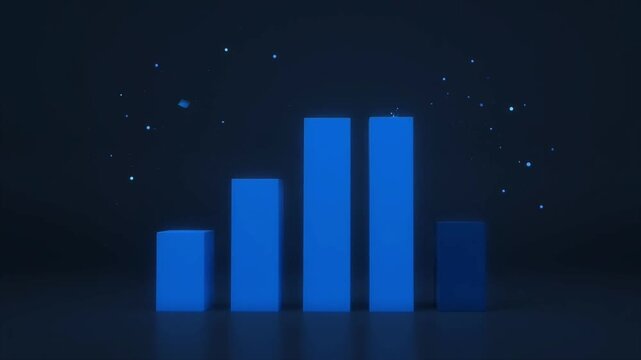 Blue bar chart with varying heights against a dark background, representing data, statistics, or financial performance, with floating blue particles, modern and clean 3D render