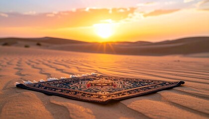 Decorative Carpet Placed on Sand Dunes at Sunset Mystical Journey Desert Exploration Travel Inspiration Serene Landscape Spiritual Awakening.