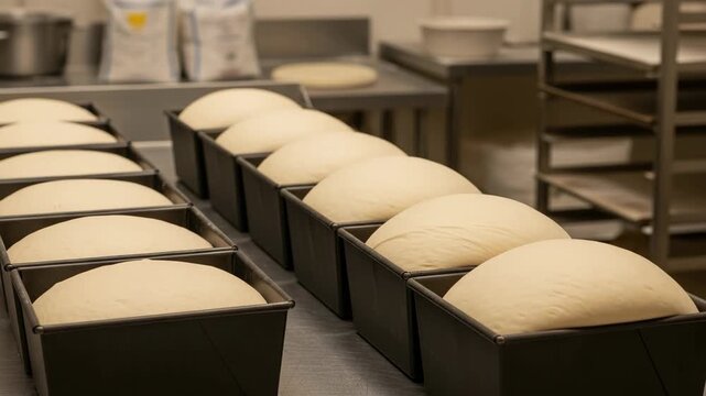 Dough is placed in pans and rises in a warm kitchen, showing the early steps of bread preparation over some time