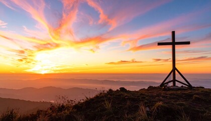 Christian Cross Silhouette at Sunrise, Easter Resurrection Faith Concept, Dramatic Sunset Sky Religious Background, Hope and Salvation Symbol