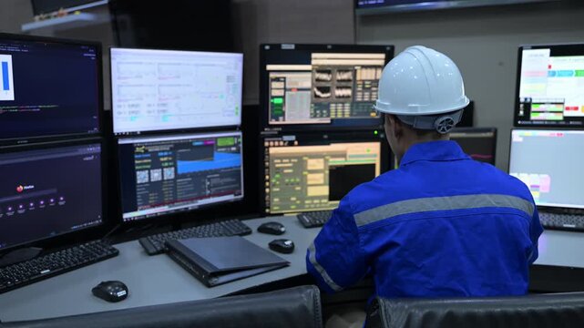 Engineer computer working at control room,Manager control system,Technician man monitoring program from a lot of monitor