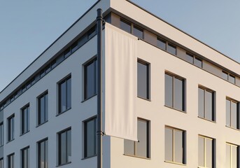 Blank vertical banner hangs on a modern building exterior
