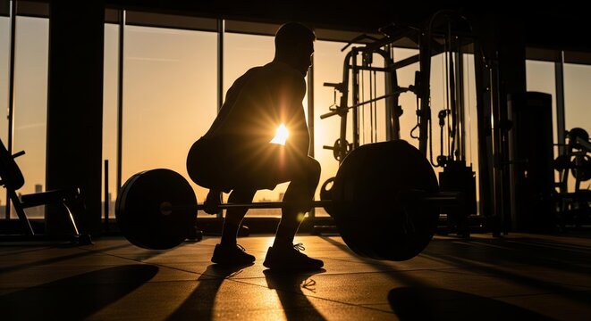Man silhouetted lifting barbell in gym at sunset