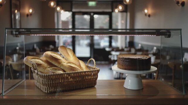 This inviting bakery scene features a glass display case showcasing a basket of freshly baked breads alongside a delicious cake. The warm ambiance is enhanced by soft lighting and a welcoming atmosphe