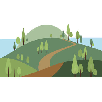 Abstract hill landscape with path and trees minimal vector