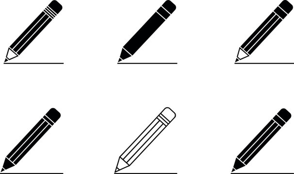 Set of stylized pencils writing on a horizontal line in flat black and outline vector styles.