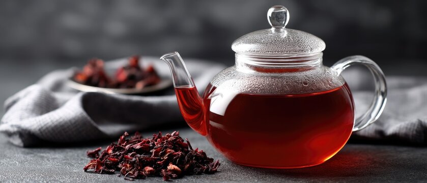 Glass teapot with hibiscus tea on black background showing dried flowers and space for text Hestia