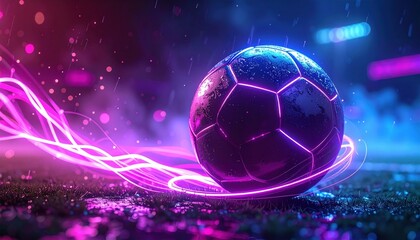 Naklejka premium Glowing soccer ball with neon purple light patterns moving across a wet grass field during a rainy night match