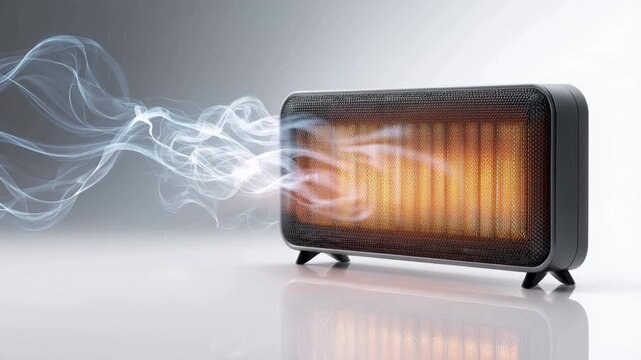 Portable electric space heater glowing orange with swirling airflow stream on clean studio background
