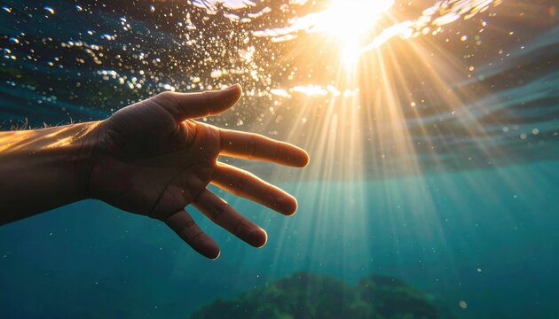 Human hand reaching upward through clear blue water toward bright rays of sunlight streaming down from the surface of the ocean