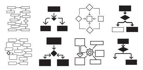 Solid silhouette flowchart and process block diagram icon set. vector illustration eps 10