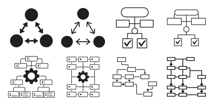 Core node network, hierarchy tree and gear process icon set. vector illustration eps 10