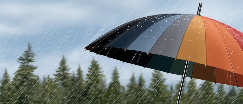 Colorful umbrella under heavy rain with blurred trees and blue sky in the background during a rainy day in the rainy season