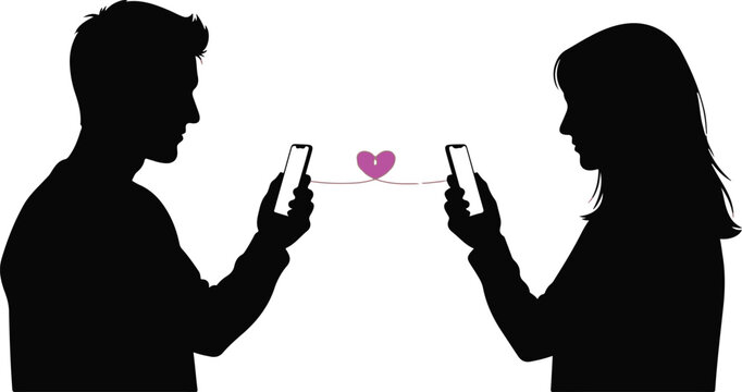 Couple Connected by Smartphone with Heart Symbol Silhouette Illustration