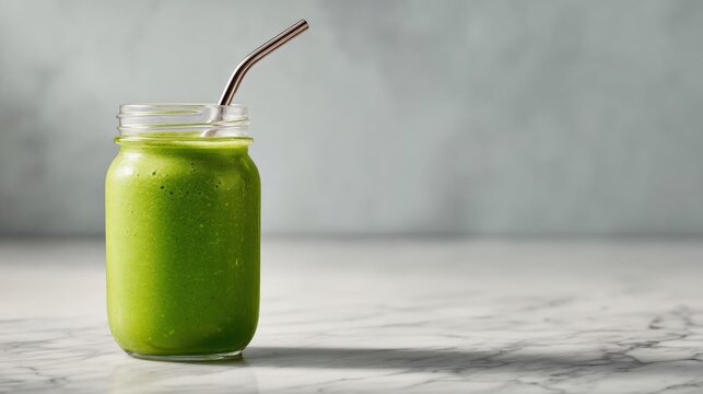 Glass jar filled with a green smoothie. the jar is made of glass and has a metal straw sticking out of the top. the smoothie appears to be a vibrant green color and is smooth and creamy.
