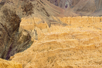 Beautiful scenic view of Moonland, near Lamayuru, named for its uncanny resemblance to the surface of the Moon. Naturally eroded, soft clay hills giving it a true lunar vibe. Lamayuru, Ladakh, India.