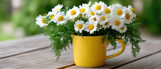 Fototapeta premium Bright spring background with daisies in a yellow mug on a wooden table, perfect for product display on a sunny day in nature