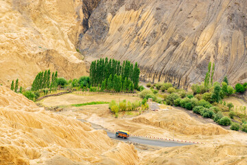 Beautiful scenic view of Moonland, near Lamayuru, named for its uncanny resemblance to the surface of the Moon. Naturally eroded, soft clay hills giving it a true lunar vibe. Lamayuru, Ladakh, India.