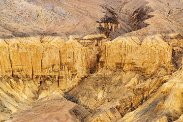 Beautiful scenic view of Moonland, near Lamayuru, named for its uncanny resemblance to the surface of the Moon. Naturally eroded, soft clay hills giving it a true lunar vibe. Lamayuru, Ladakh, India.