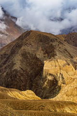 Beautiful scenic view of Moonland, near Lamayuru, named for its uncanny resemblance to the surface of the Moon. Naturally eroded, soft clay hills giving it a true lunar vibe. Lamayuru, Ladakh, India.