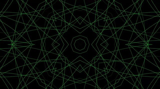 Geometric pattern of interconnected green lines on a black background.