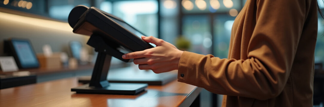 Customer using payment terminal at cafe counter for transaction preparation. Payment terminal signifies modern purchasing experience and supports efficient service in business setting.