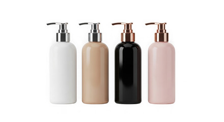 Four pump bottles in colors isolated on transparent background