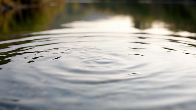 Smooth stone skipping over tranquil lake creating gentle ripples in nature