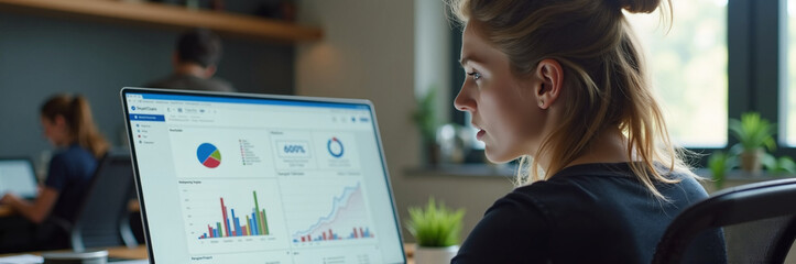 Professional woman analyzing data on computer monitor with graphs and charts in modern office setting.