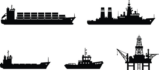 Cargo ship warship tanker boat and offshore oil platform silhouettes set maritime transport industrial shipping fleet isolated vector black ocean industry illustration © Hello World
